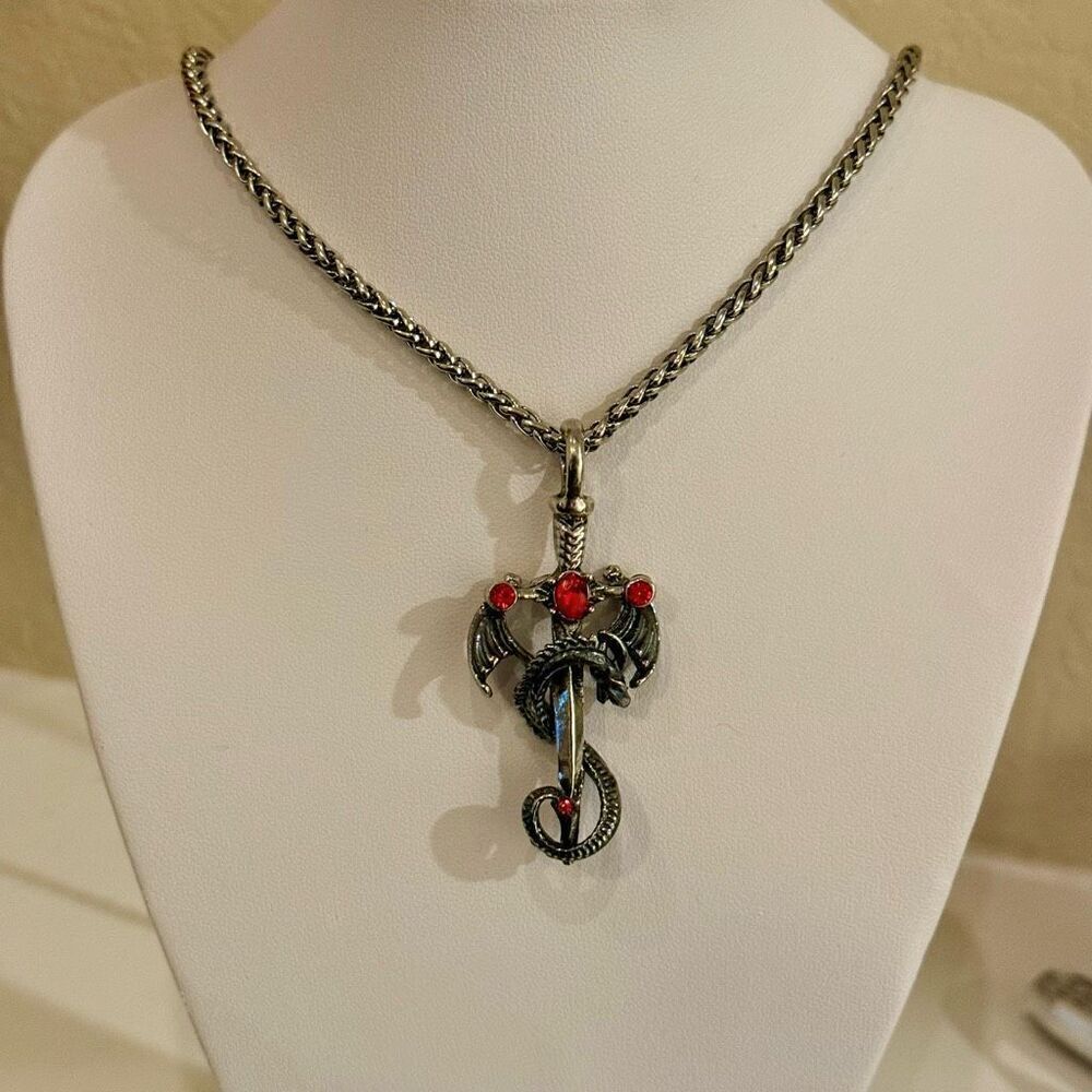 Winged Dragon Ruby Dagger Sword Pendant 24” Silver Necklace Men’s Womens Gothic